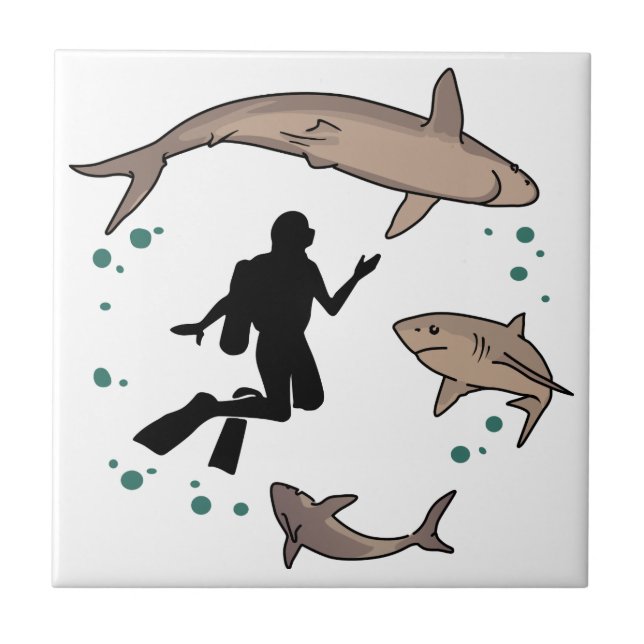 Diver and Sharks Ceramic Tile (Front)