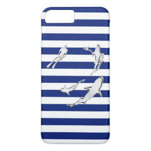 Diver and Sharks on Nautical Stripes iPhone 8 Plus/7 Plus Case