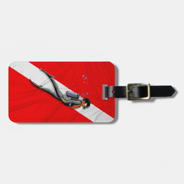 Diver And Wrinkled Dive Flag Luggage Tag (Front Horizontal)