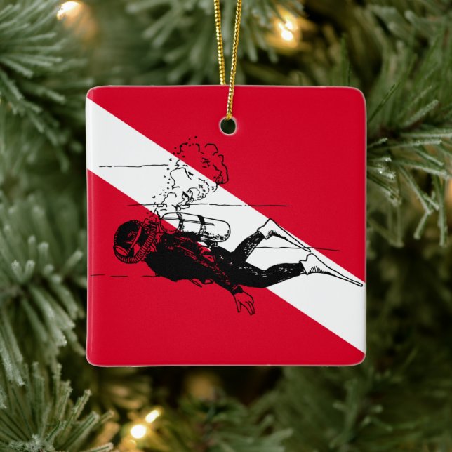 Diver down flag with retro diver illustration ceramic ornament (Tree)