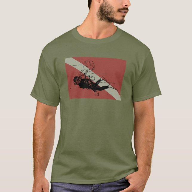 Diver down flag with retro diver illustration T-Shirt (Front)