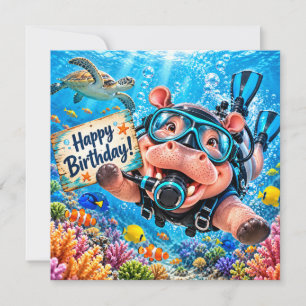 Diver Hippo Diving underwater Birthday Card