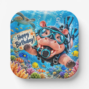 Diver Hippo Diving underwater Birthday  Paper Plate