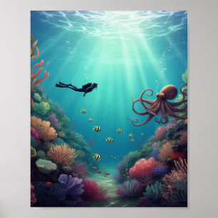 Diver spots an sea creature poster