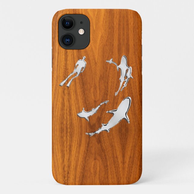 Diver with Sharks on Teak Veneer Style Case-Mate iPhone Case (Back)