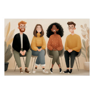 Diverse Friends Sitting Together Cosy Illustration Poster