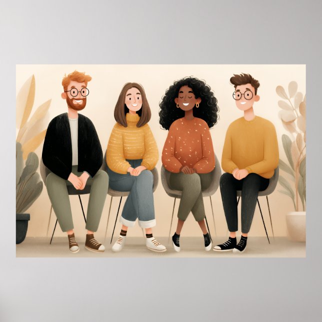 Diverse Friends Sitting Together Cosy Illustration Poster (Front)