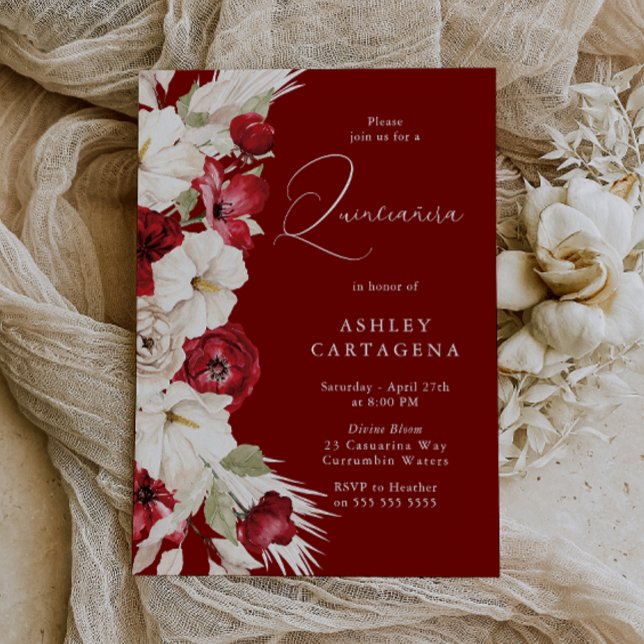 Divine Bloom Gorgeous Red White Floral Quinceanera Invitation (Creator Uploaded)