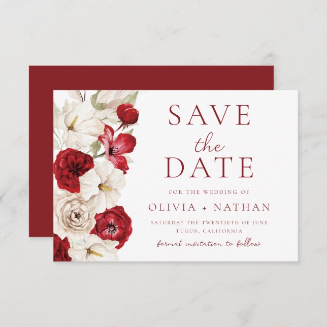 Divine Bloom: Red & White Floral Wedding Save The Date (Front/Back)