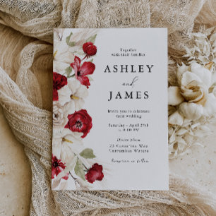 Divine Bloom: White & Red Gorgeous Floral Wedding Invitation