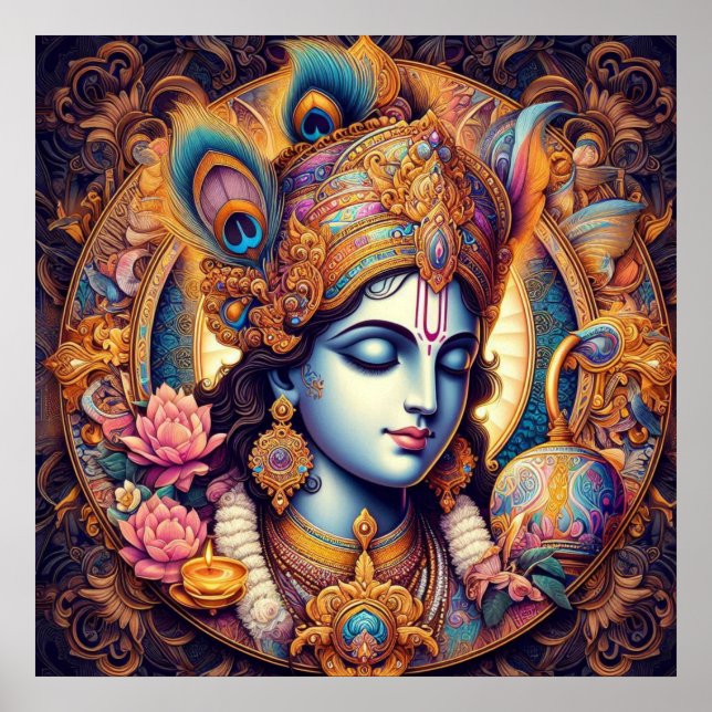 Divine Blue Krishna Art Poster (Front)