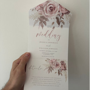 Divine Blush Dusty Rose Floral Wedding All In One Invitation