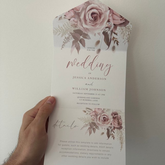 Divine Blush Dusty Rose Floral Wedding All In One Invitation (Creator Uploaded)