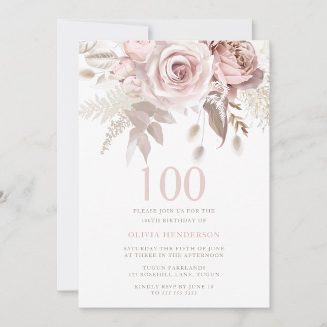 Divine Blush Pink Roses 100th Birthday Party Invitation (Front)