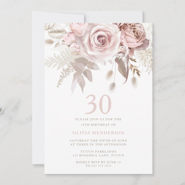 Divine Blush Pink Roses 30th Birthday Party Invitation (Front)