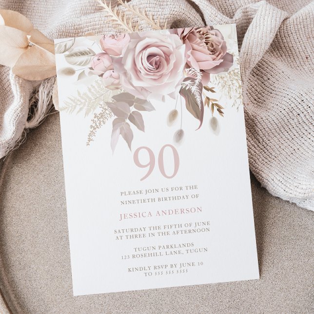 Divine Blush Pink Roses 90th Birthday Party Invitation (Creator Uploaded)