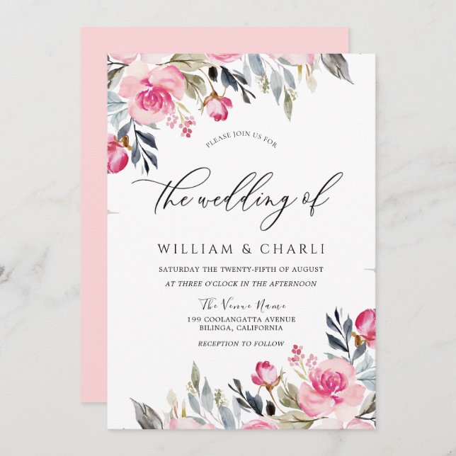 Divine Blush Pink Watercolor Floral Wedding Invitation (Front/Back)