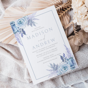 Divine Dusty Blue Modern Floral Wedding Invitation