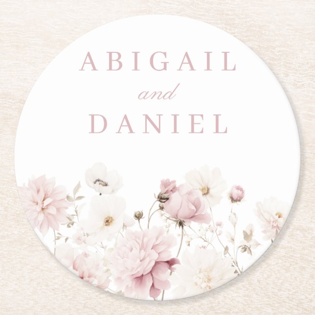 Divine Elegance: Blush Garden Floral Wedding  Round Paper Coaster (Front)