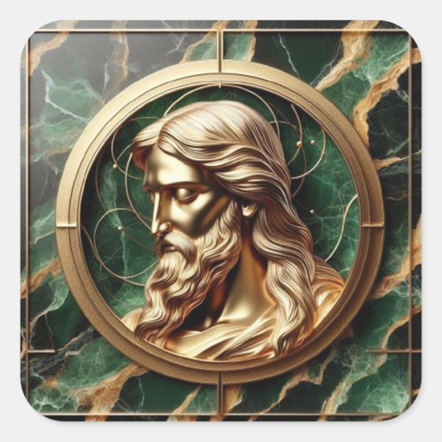 Divine Encounter Jesus Face in Ornate Gold Frame  Square Sticker (Front)