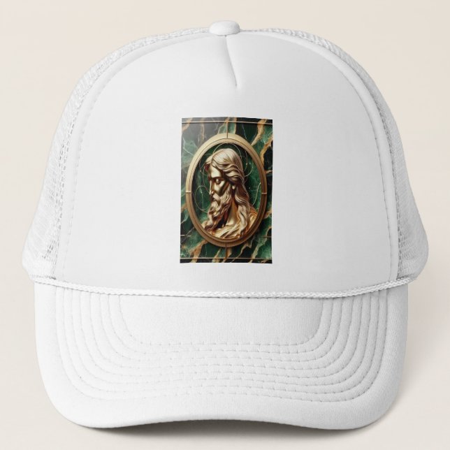 Divine Encounter Jesus Face in Ornate Gold Frame  Trucker Hat (Front)