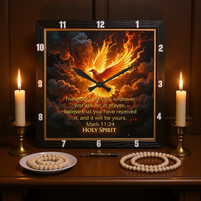 Divine Flame Holy Spirit Dove Mark 11:24 Verse Square Wall Clock (Creator Uploaded)