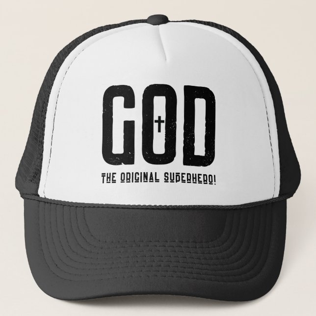 Divine Hero God The Original Superhero Faith Based Trucker Hat (Front)