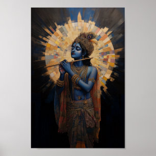 Divine Lord Krishna playing the Flute Art Nouveau Poster