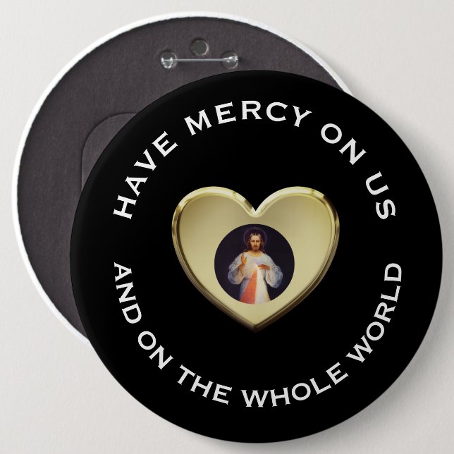 Divine Mercy Prayer Jesus Gold Heart 6 Cm Round Badge (Front & Back)