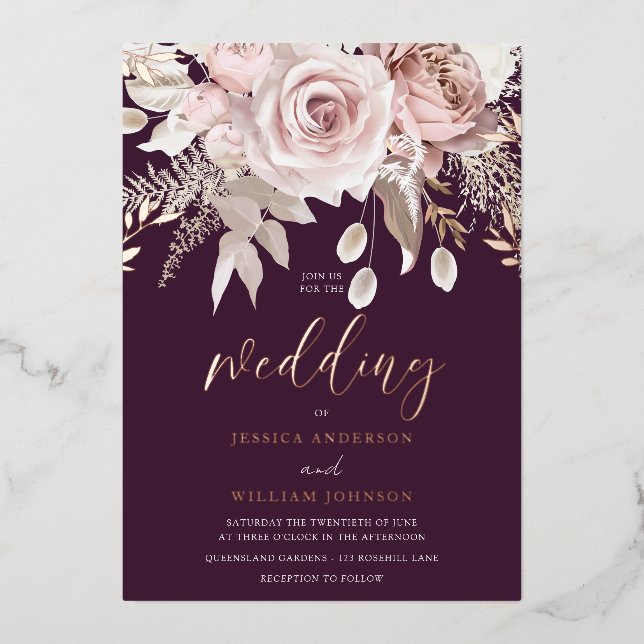 Divine Rose Gold Blush Floral Plum Wedding  (Front)