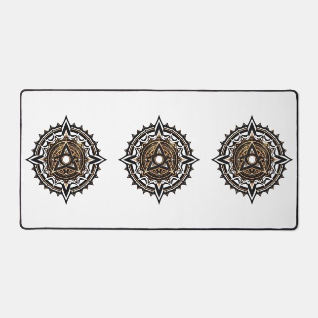 Divine Sacred Mandala – Black & Gold Trishul  Desk Mat (Front)