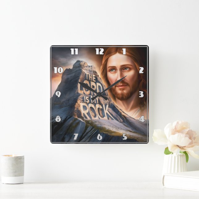 Divine Saviour: The Lord Is My Rock Square Wall Clock (Home)