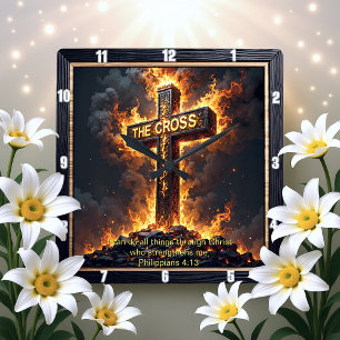 Divine Strength The Cross Philippians 4:13 Verse Square Wall Clock