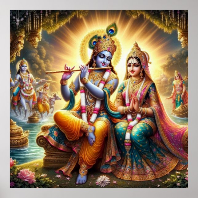 Divine Vibrant Traditional Radha Krishna Art  Poster (Front)