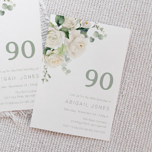 Divine White Roses & Sage 90th Birthday Party Invitation