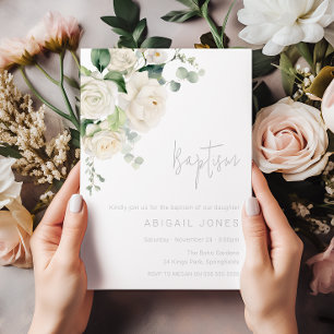 Divine White Roses & Sage Baptism Invitation