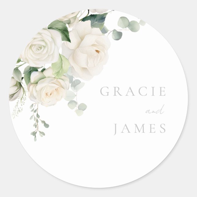 Divine White Roses & Sage Wedding Classic Round Sticker (Front)