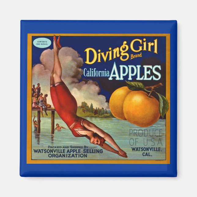 Diving Girl Apples Vintage Fruit Crate Label Magnet (Front)