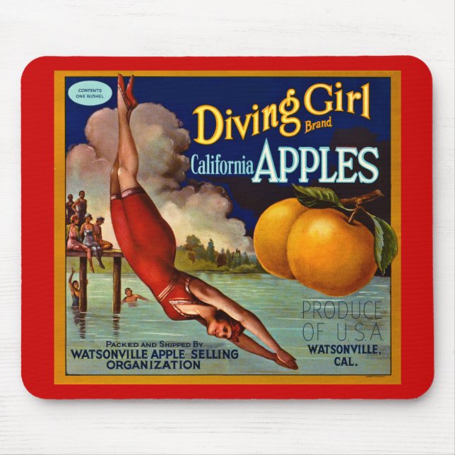 Diving Girl Apples - Vintage Fruit Crate Label Mouse Pad (Front)
