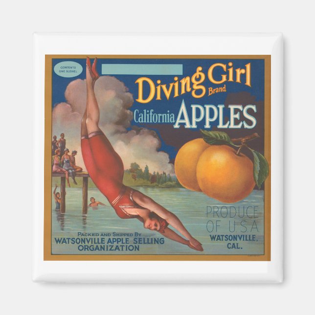 Diving Girl Brand California Apples Fruit Crate La Magnet (Front)