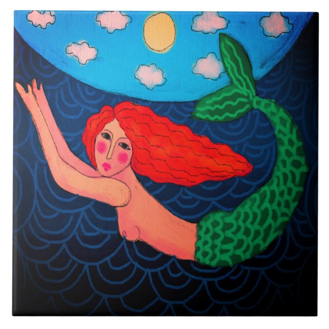 Diving Mermaid Abstract Art Ceramic Tile (Front)