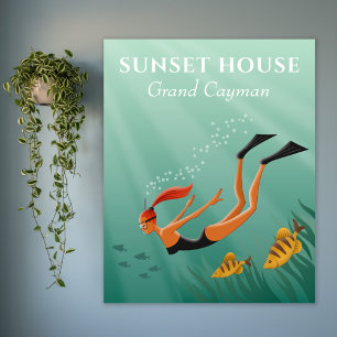 Diving Snorkeling Girl Fish Undersea Sun Rays Poster