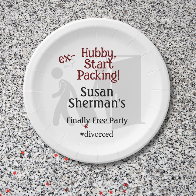 Divorce Party Celebration Ex Hubby Start Packing Paper Plate (Divorce Party custom paper plates with the "ex-Hubby, Start Packing!" party decor theme.)