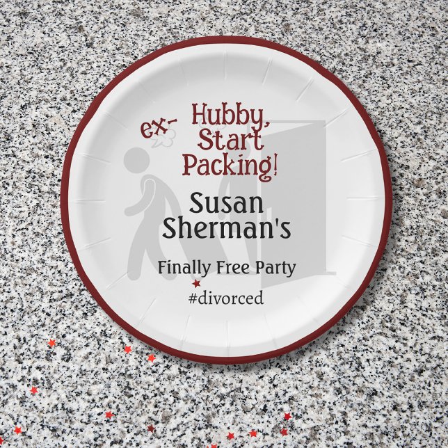 Divorce Party Decor Ex Hubby Start Packing Red Paper Plate (These custom Divorce Party plates will add to your decor with the "ex-Hubby, Start Packing!" theme.)