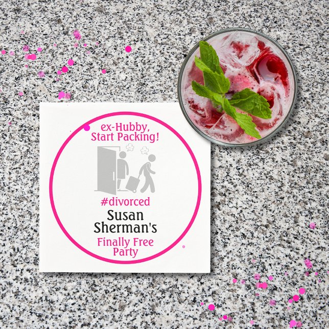 Divorce Party Design Finally Free Decor Pink Napkin (Divorce Party theme "ex-Hubby, Start Packing!" napkins to add to the decor celebrating her divorce.)