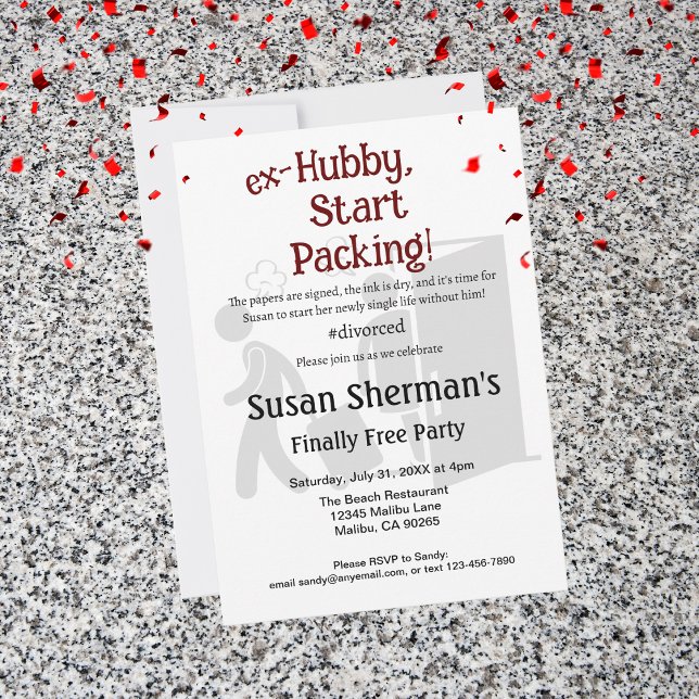 Divorce Party Finally Free Funny Red Invitation (Host a divorce party with this cute and funny "ex-Hubby, Start Packing!" theme to help her celebrate)