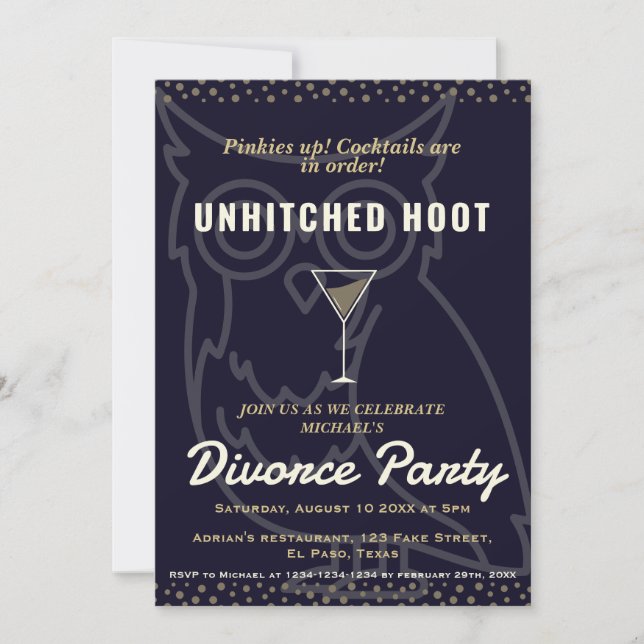 Divorce party invites: Unhitched hoots. Humourous. Invitation (Front)