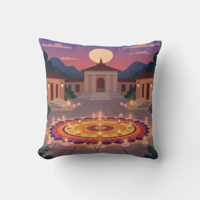 Diwali 2025 Throw Pillow – Rangoli & Diya Home Dec (Front)