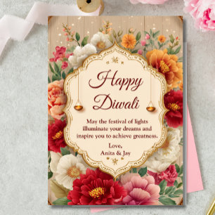 Diwali Beige Floral Ornate Lamp Diyas Greeting Invitation