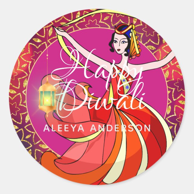 Diwali Bollywood Party Dancer Personalised Classic Round Sticker (Front)